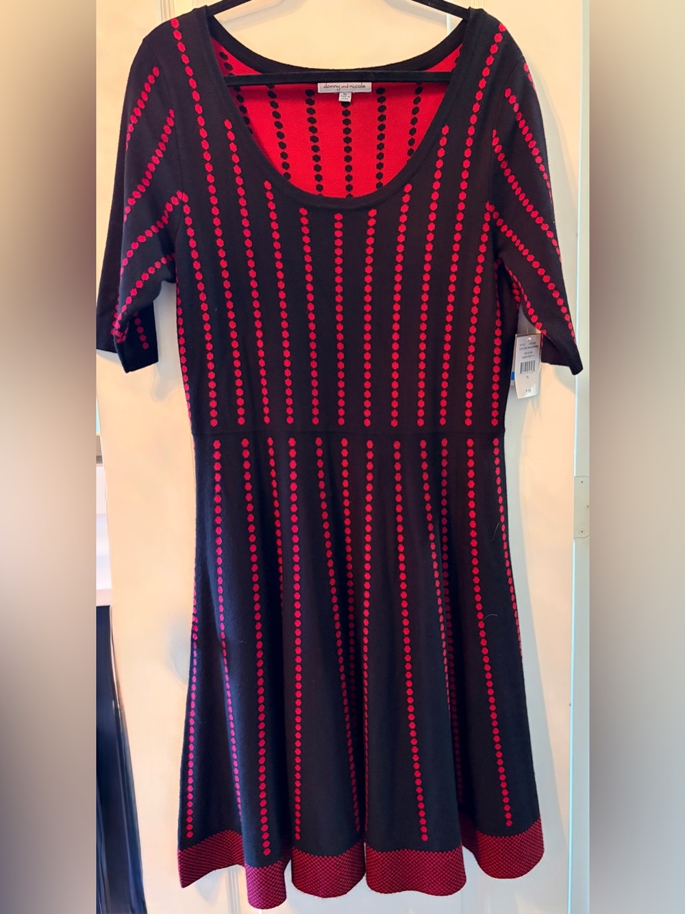 Danny & Nicole Black Sweater Dress with Red Dot Stripe Pattern, NWT XL